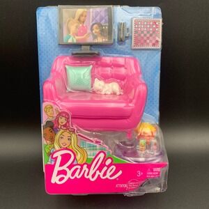 Barbie Doll Furniture Pink Sofa Living Room Playset HJL55 Mattel New